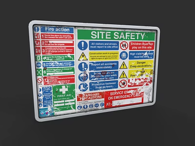 Hospital Building Site Safety Sign With Fire Action And First Aid Information 3d model