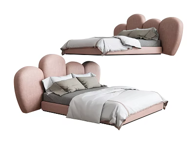 Modern Double Bed With Pink Cloud Shaped Headboard And Gray White Bedding 3d model