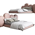 Modern Double Bed With Pink Cloud Shaped Headboard And Gray White Bedding 3d model