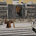 Ancient Kitchen Interior With Stone Shelves Pottery Jars Mural And Ovens