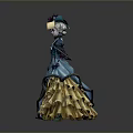 Elegant Decorative Household Figurine In Blue Yellow Dress With Floral Hat And Bird Accessory