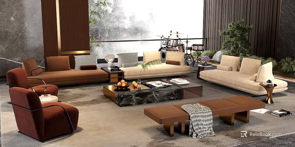 Modern Sofa And Coffee Table Set With Marble Top Throw Pillows Books And Plants 3d model