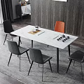 Modern Dining Table Set with White Marble Top Black Metal Legs and Colorful Chairs