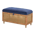 Stylish Storage Ottoman Bench With Navy Blue Cushion Wooden Frame And Rattan Weave Design