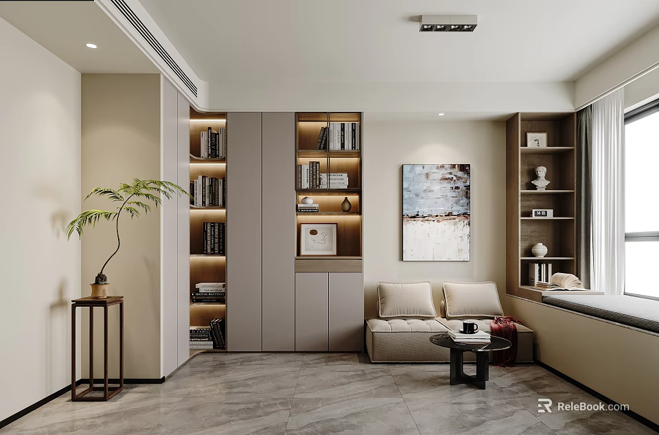 Modern Study Room With Built In Bookshelves And Sofa 3d model