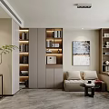 Modern Study Room With Built In Bookshelves And Sofa 3d model
