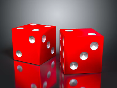 Two Red Dice With White Dots On Glossy Surface Showing Clear Reflections 3d model