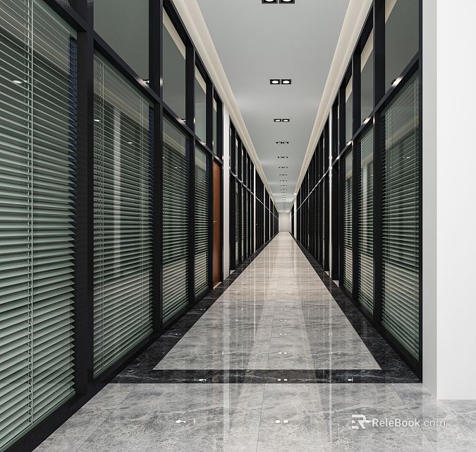 Modern Office Corridor With Glass Partitions Vertical Blinds Polished Marble Flooring Recessed Ceiling Lights 3d model 