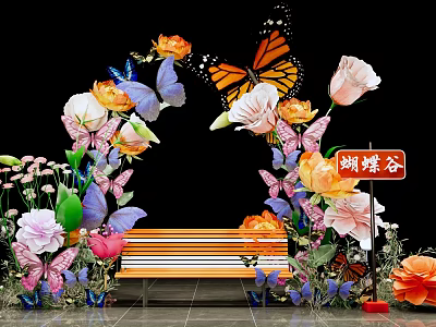 Butterfly Valley Photo Spot With Colorful Butterflies Vibrant Flowers And Wooden Bench 3d model