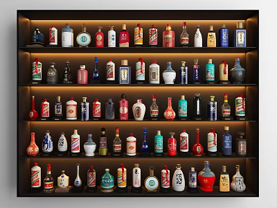 Various Colored Shaped Wine Bottles Neatly Arranged On Multiple Shelf Display Rack 3d model