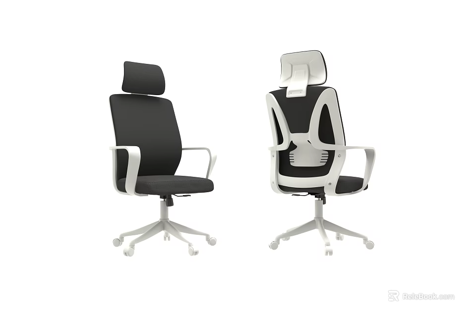 Black and White Office Chair with Headrest Breathable Backrest and Wheeled Base 3d model 