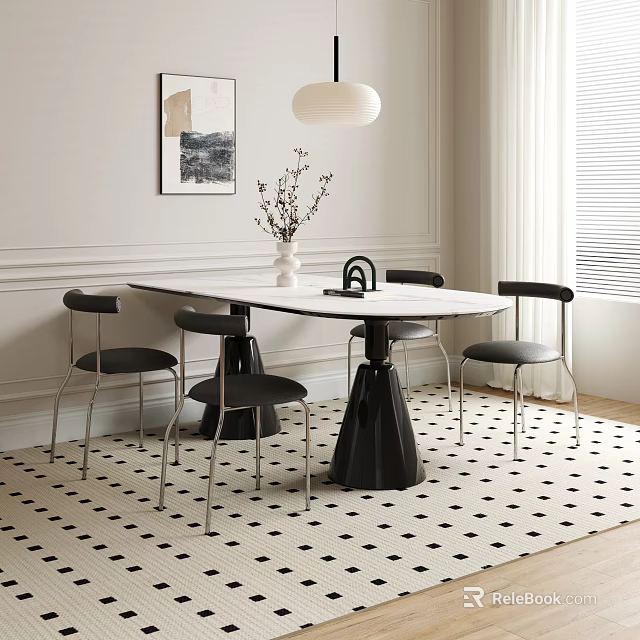 Modern Dining Table Combination with Black Chairs Checkered Rug and Pendant Light 3d model 