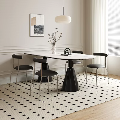 Modern Dining Table Combination with Black Chairs Checkered Rug and Pendant Light 3d model