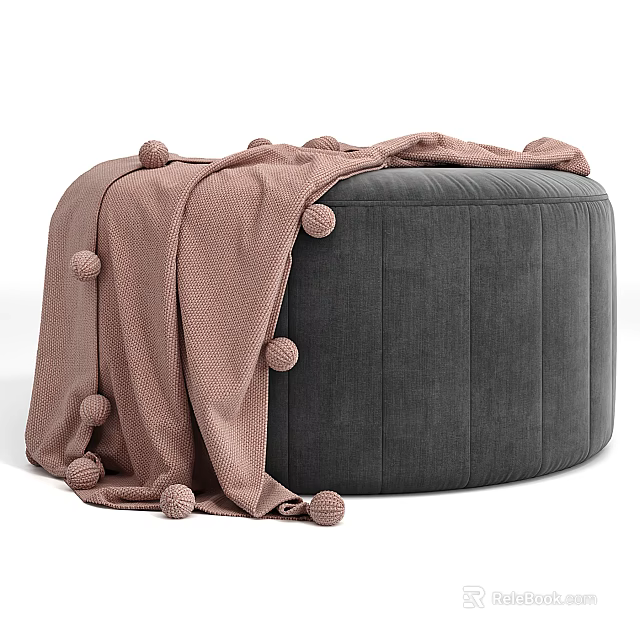 Modern Gray Velvet Ottoman with Soft Brown Pom Pom Accent Blanket 3d model 