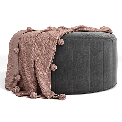 Modern Gray Velvet Ottoman with Soft Brown Pom Pom Accent Blanket 3d model