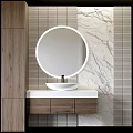 Modern Bathroom Vanity With Round Mirror White Washbasin Wooden Cabinet And Striped Marble Walls
