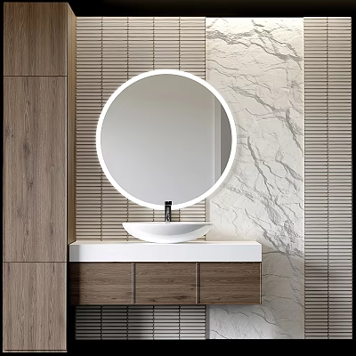 Modern Bathroom Vanity With Round Mirror White Washbasin Wooden Cabinet And Striped Marble Walls 3d model
