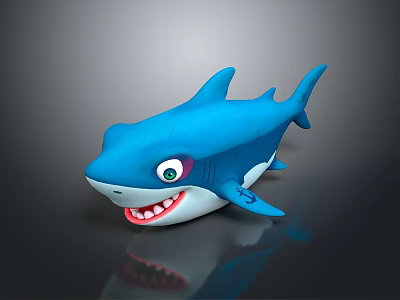Blue Shark Toy with Big Eyes Open Mouth Showing Teeth on Dark Background and Reflection 3d model