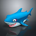 Blue Shark Toy with Big Eyes Open Mouth Showing Teeth on Dark Background and Reflection