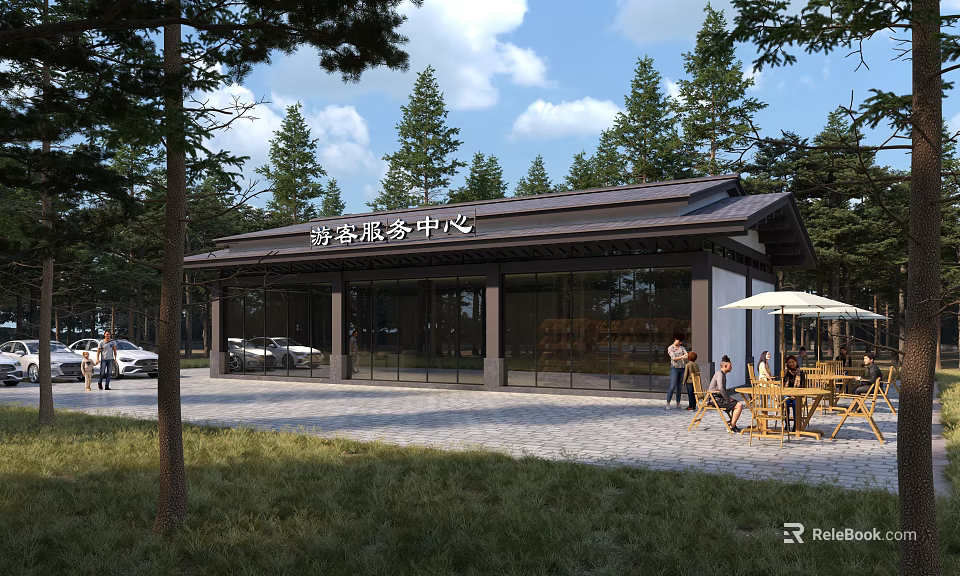 Modern Tourist Service Center With Pine Trees Outdoor Seating And Glass Facade 3d model 