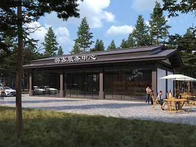 Modern Tourist Service Center With Pine Trees Outdoor Seating And Glass Facade 3d model