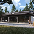 Modern Tourist Service Center With Pine Trees Outdoor Seating And Glass Facade
