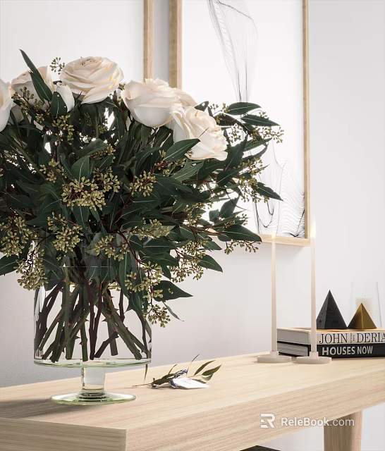 Decorative Ornament Set with White Roses Bouquet Green Leaves in Glass Vase and Books 3d model 