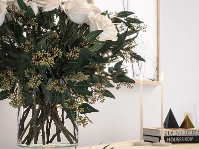 Decorative Ornament Set with White Roses Bouquet Green Leaves in Glass Vase and Books 3d model