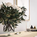 Decorative Ornament Set with White Roses Bouquet Green Leaves in Glass Vase and Books