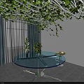 Indoor Space With Green Vines Ceiling Glass Round Table Plants And Curtains