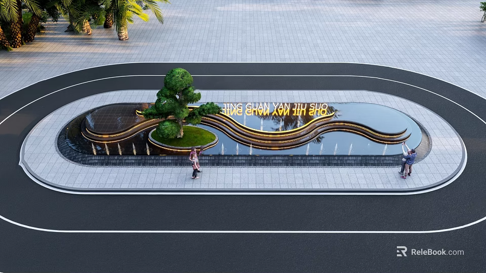 Modern Garden Landscape Design With Wavy Water Feature Shaped Tree And Golden Signage 3d model 