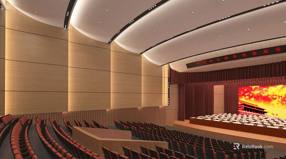 Large Modern Conference Room With Stage Red Curtain Wooden Walls Lighting Design And Seating Arrangement 3d model 