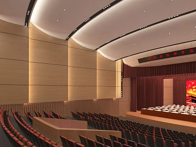 Large Modern Conference Room With Stage Red Curtain Wooden Walls Lighting Design And Seating Arrangement 3d model
