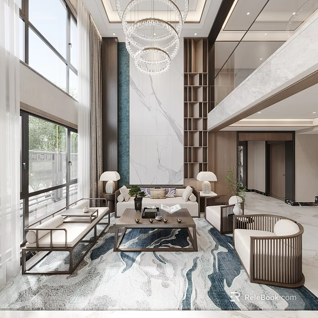 Modern Duplex Living Room with High Ceiling and Elegant Decor 3d model 