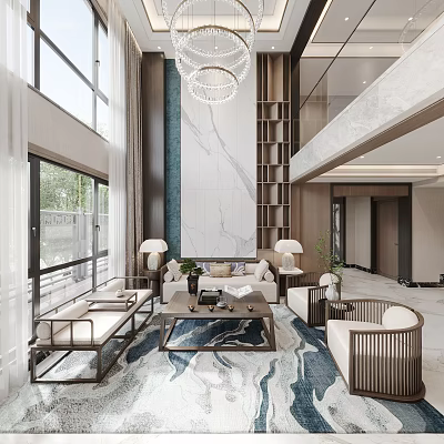 Modern Duplex Living Room with High Ceiling and Elegant Decor 3d model