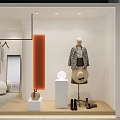 Fashion Store Window With Mannequin Clothes Hat Shoes Orange Panel White Display Stands Modern Lighting