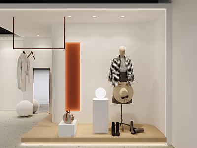 Fashion Store Window With Mannequin Clothes Hat Shoes Orange Panel White Display Stands Modern Lighting 3d model