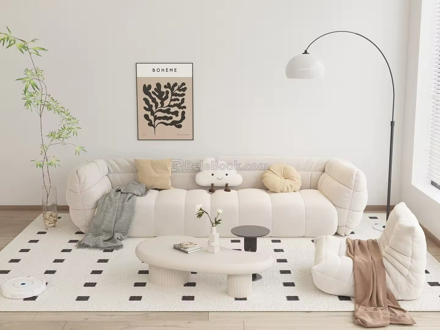 Modern Sofa Combination Cream Style Sofa Combination Coffee Table Leisure Chair Floor Lamp Hanging Painting Carpet Side Table Vase Pillow 3d model