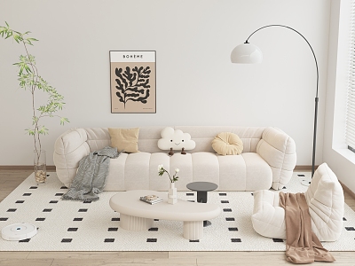 Modern Sofa Combination Cream Style Sofa Combination Coffee Table Leisure Chair Floor Lamp Hanging Painting Carpet Side Table Vase Pillow 3d model