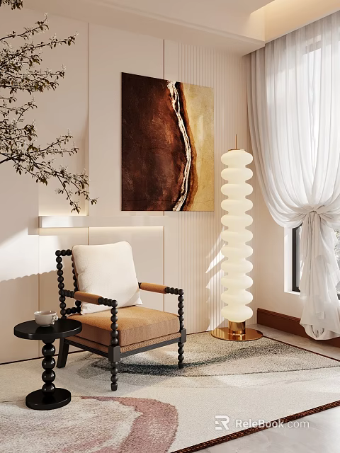 Elegant Accent Chair With White Cushion Dark Frame Gold Floor Lamp Wall Art White Curtains 3d model 