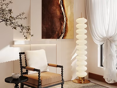 Elegant Accent Chair With White Cushion Dark Frame Gold Floor Lamp Wall Art White Curtains 3d model