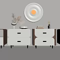 Modern White Nightstands With Drawers And Round Wall Lamp Decor