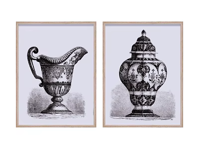 Vintage Decorative Wall Art Prints With Pitcher And Urn Design In Wooden Frames 3d model