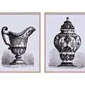 Vintage Decorative Wall Art Prints With Pitcher And Urn Design In Wooden Frames