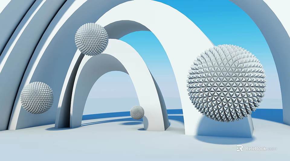 Modern Commercial Equipment With White Arched Structures And Spherical Decorations 3d model 