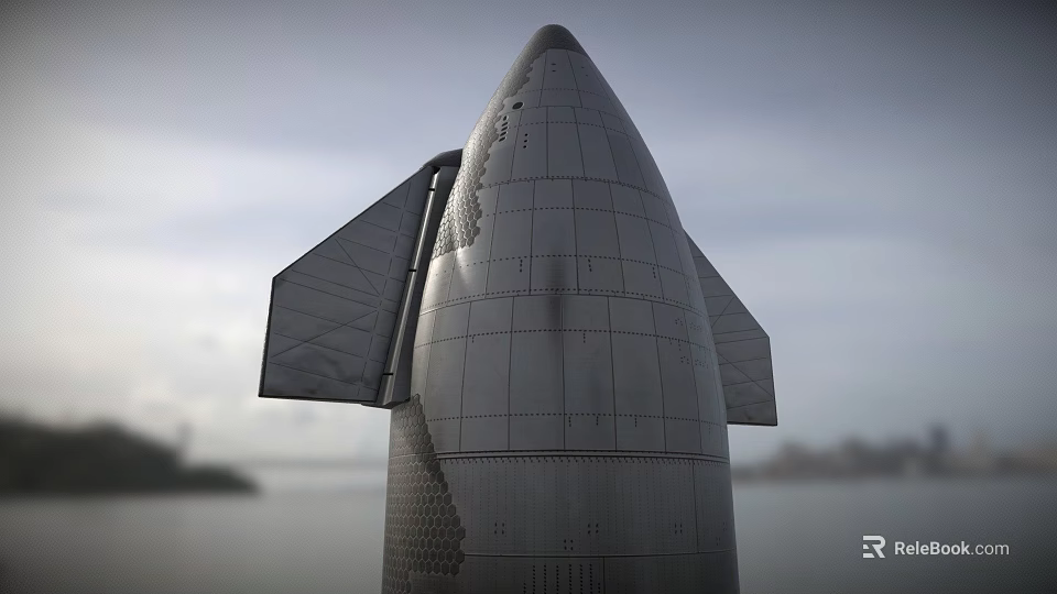 Metallic Rocket Structure With Grid Design Side Fins Against Sky And Distant Landscape 3d model 