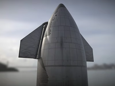 Metallic Rocket Structure With Grid Design Side Fins Against Sky And Distant Landscape 3d model