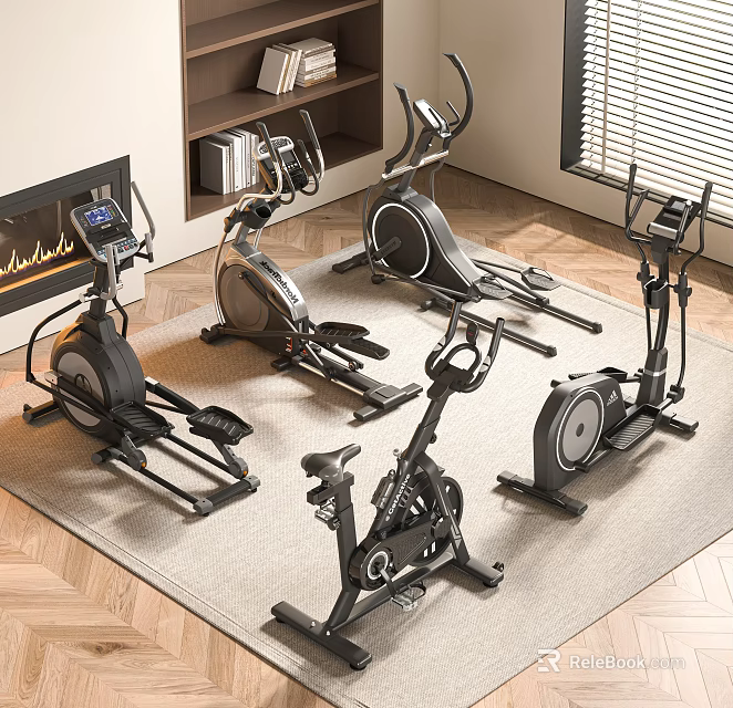 Various Indoor Home Gym Sports Equipment With Elliptical Trainer Exercise Bike And Treadmill 3d model 