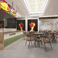 Modern Restaurant Featuring Open Kitchen Dining Tables Chairs Food Display Cabinet Pendant Lights Decorative Painting