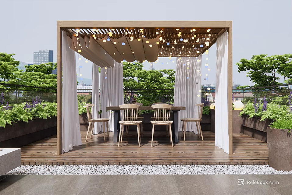 Outdoor Pergola With String Lights Curtains Dining Table And Green Plants 3d model 